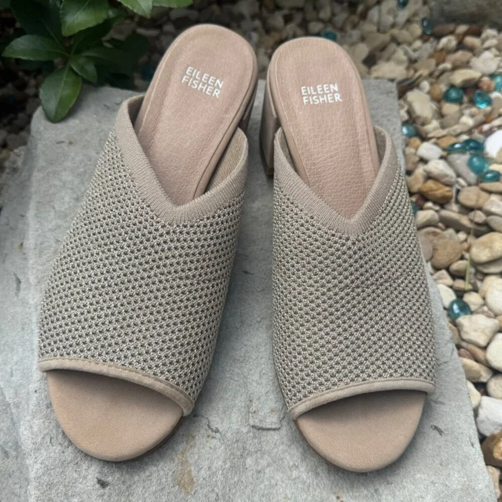 Eileen Fisher Fave Block Heel Knit Upper Slip On Sandals Women's Size 9.5